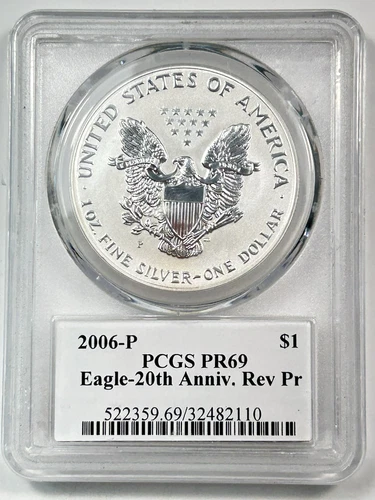 2006-P $1 American Silver Eagle PCGS Reverse PR69 20th Anniversary Mercanti Coin