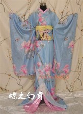 Japanese Kimono Furisode Blue Dress COS Costume Traditional Women Long Floral