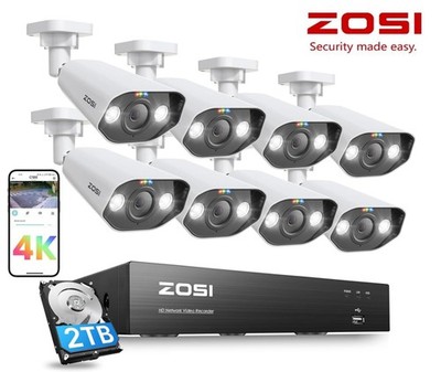 ZOSI 8CH 4K PoE Security Camera System 8pcs 8MP Outdoor IP Camera 2Way Audio 2TB