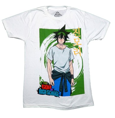 The God of High School New Adult T-Shirt - Jin Mori Posing Along Yellow Kanji