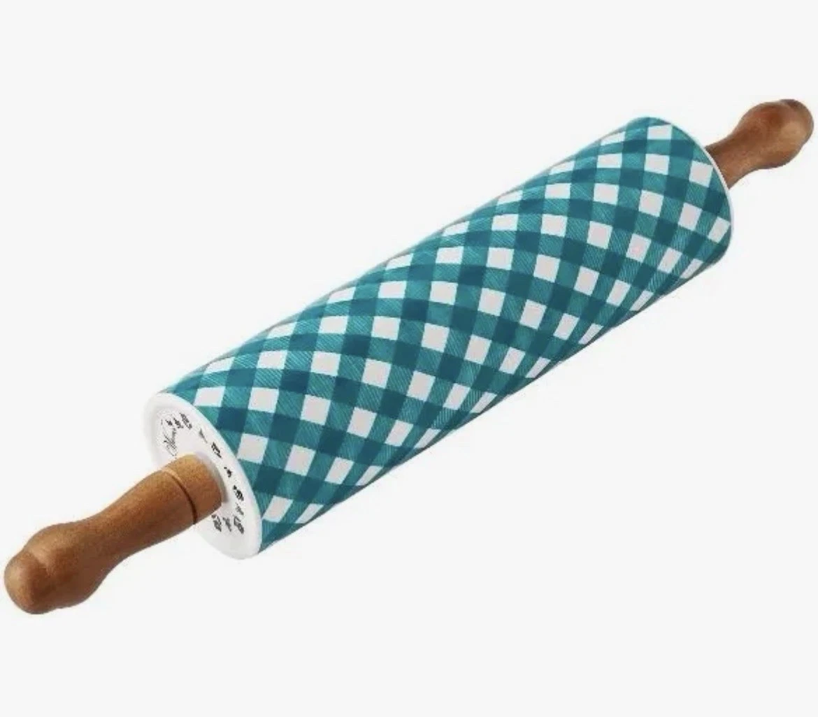 The Pioneer Woman Charming Check Wood Ceramic Rolling Pin Blue White Handle NEW