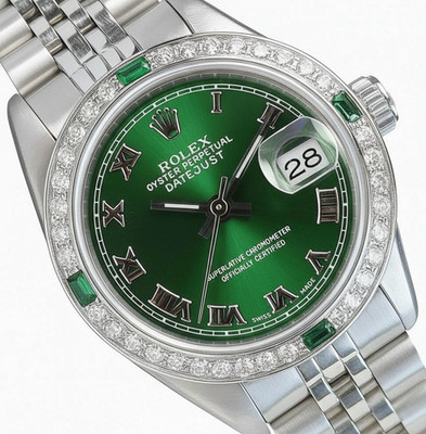 Rolex Datejust Steel Green Roman Dial Emerald Bezel Jubilee Band 26mm Watch 