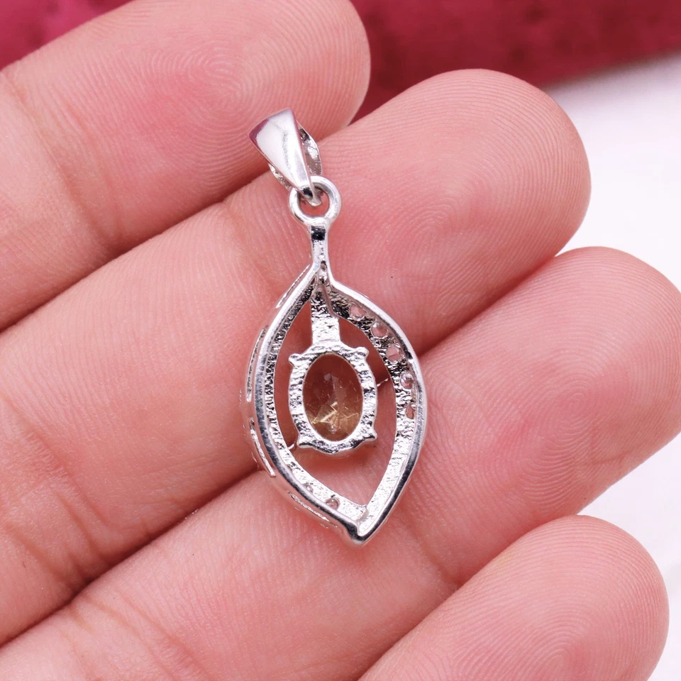 Naturale Taglio Ovale Citrino & Zirconi Marquise Forma Ciondolo 925 Argento - Immagine 4 di 4
