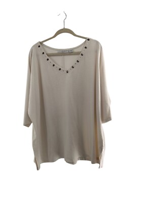 Sag Harbor Stretch Knit Top Studded Neckline Beige Textured Size 3X Waffle Knit