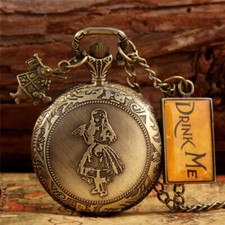 Lovely Girl Cover with Drink Me Tag Men Women Quartz Analog Pocket Watch Chain