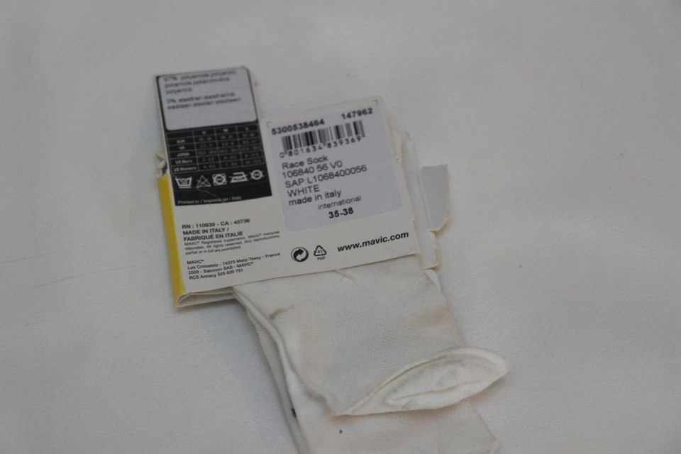 New Mavic Race Cycling Sock Small White 35-38 Road Bike Meryl Skinlife - Image 2 of 2