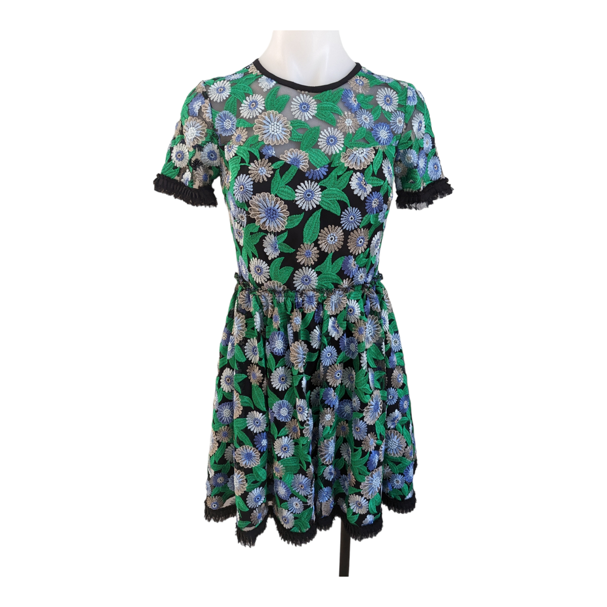 Shoshanna Size 0 Daisy Embroidered Mini Shift Dress Green Lace Short Sleeves