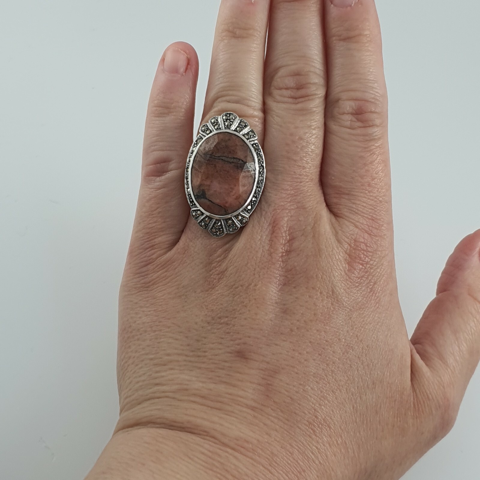 Photo 3 of Sterling Silver Ring with Marcasite Quartz Size M-N 18g ~ vintage style (R66)