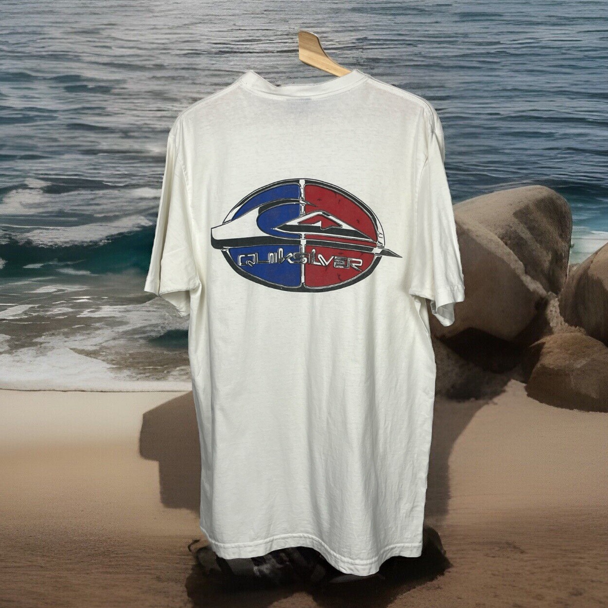 Quicksilver T Shirt Vintage 90s Silver Edition Large Spellout Wave Logo White