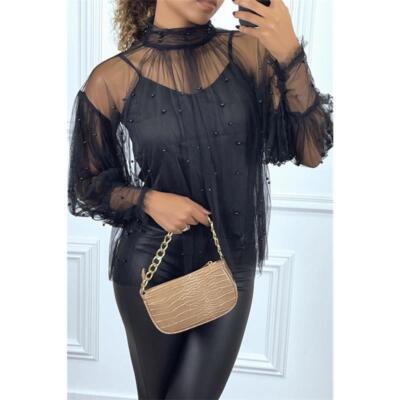 Edle Damen Tüllbluse mit Perlen inkl. Trägertop Schwarz #BL566