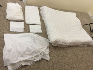 Vtg Queen White Eyelet Bedding Set Comforter Bed Skirt Sheet Set