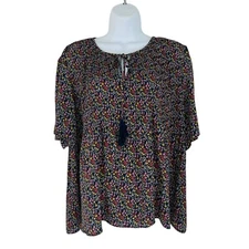 DR2 Women's Size XL Ditsy Floral Micro Pleat Short Flutter Sleeve Blue Blouse