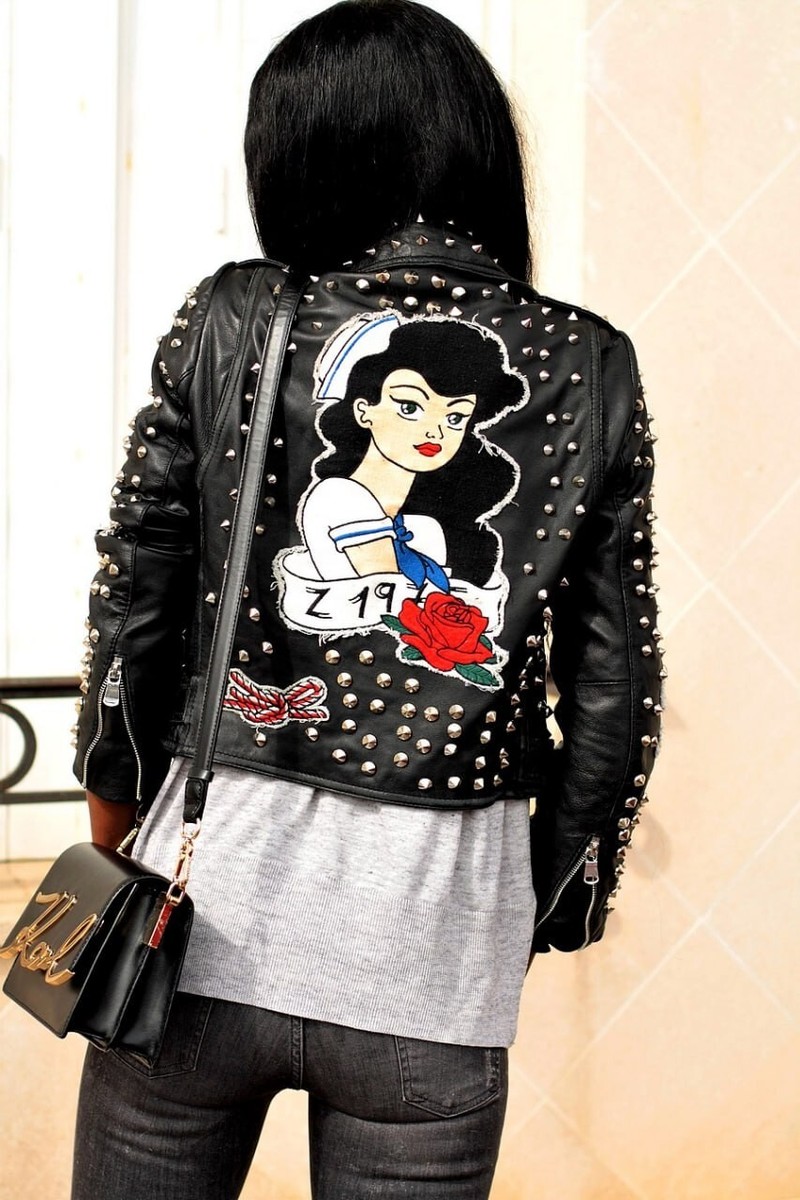 Zara Studded Leather Women's Motorcycle Biker Jacket With Sailor