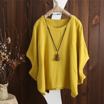 Lady Cotton Linen T Shirts Loose Tops Blouse Short Bat Sleeve Front Button Solid