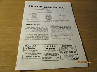 RUISLIP MANOR FC v CHALFONT St. PETER 1963/4 FEBRUARY 8th