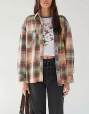 BDG L Large Andy Washed Flannel Shirt Distressed Button Up Plaid Grunge