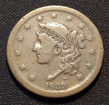 1839 large cent f vf silly head transitional braided matron copper coin