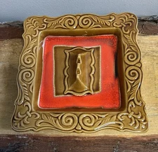 VTG 60’s Glazed Ceramic, 7” Square, Brown/Red Ashtray. USA! Nice Find!