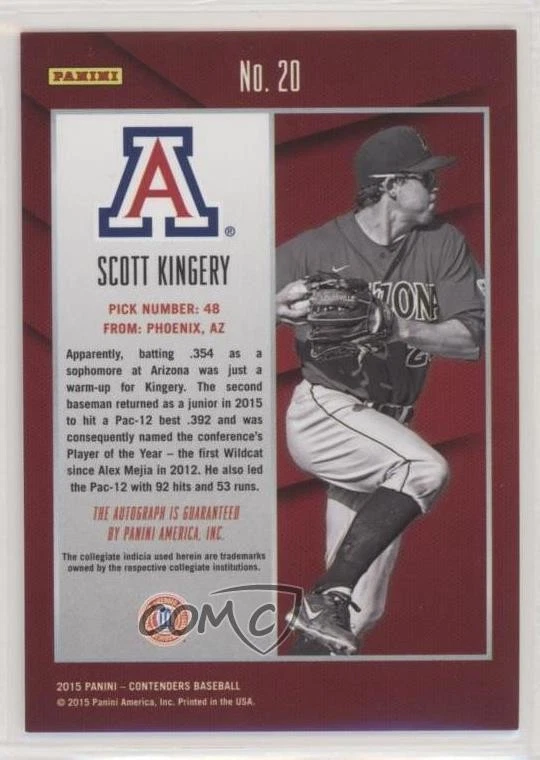 2015 Panini Contenders College Ticket Scott Kingery (Fielding Red Ink) #20 Auto - Image 2 of 2