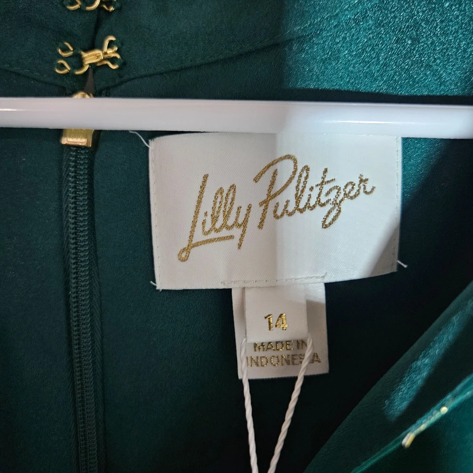 NUEVO Vestido Lilly Pulitzer Talla 14 Mezcla Seda Dorado Brillo Manga Larga Forrado Verde Foto 3 de 4