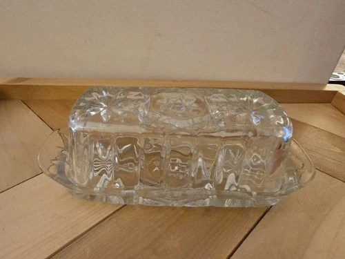 Vintage Anchor Hocking Star of David Cut Glass Butter Dish with Lid