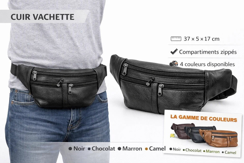 Sac Banane Homme Cuir Vachette Véritable Noir 4 Couleurs Multiples Compartiments - Photo 1/2