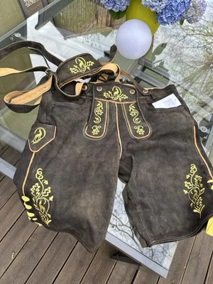 Lederhose Kurz mit Trägern Braun mit Gelber Bestickung Gr. 52 NEU OVP - Bild 1 von 4