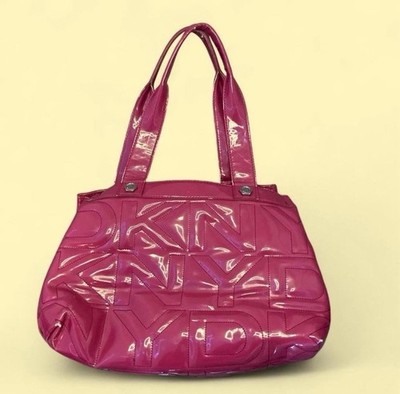 DKNY pink patent logo tote bag with silver hardware and double handles for women