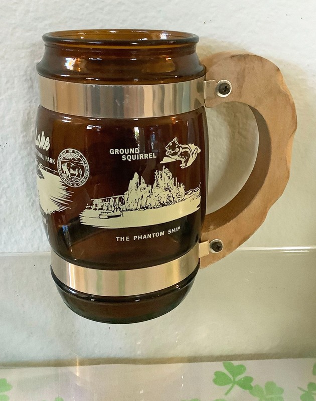 Vintage  Fiesta Ware Crater Lake OR Amber Glass Mug Wooden Handle Stein