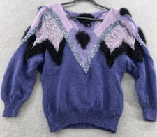 Vintage 80s Sweater Rocker Statement Multimedia Geometric Purple Black Angora