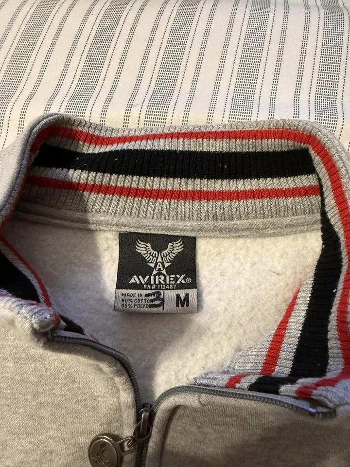 Moletom masculino Avirex zíper completo casual peso pesado lã cinza tamanho M ponto de remendo - Imagem 4 de 4