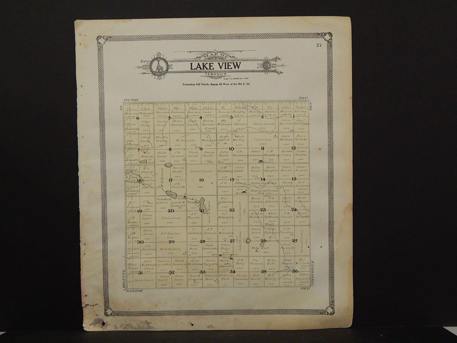 North Dakota Towner County Map Lake View Township 1909 Q695 eBay