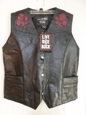 NEW With Tags Leather Biker Vest Live Ride Rock Embroidered Roses Size Large NWT