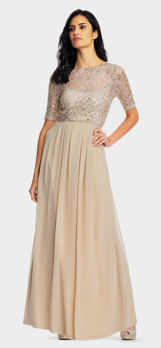adrianna papell sequin lace dress ADRIANNA PAPELL Chiffon Sequin Lace Bodice Dress Gown in Nude Sz:8 Ret:$249  NWT