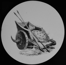 ANTIQUE Magic Lantern Slide ANCIENT CHARIOT WITH SCYTHE WHEELS C1890 DRAWING 