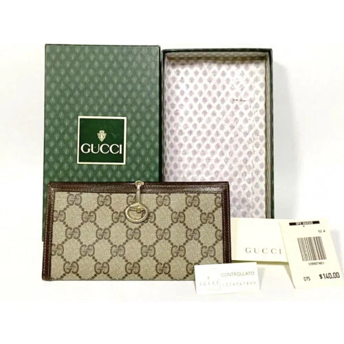 Portefeuille long double pli cuir GUCCI GG Supreme marron années 70 vintage 2282