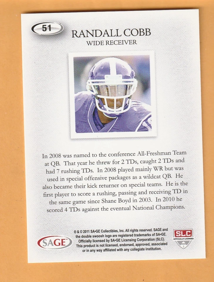 Randall Cobb Kentucky Wildcats 2011 SAGE HIT #51 RC Alcoa Tennessee 8C - Image 2 of 2