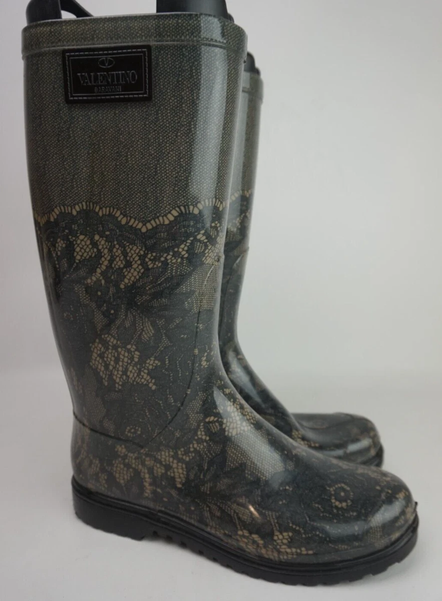 Valentino Garavani Women s Black Beige Lace Print Rain Boots