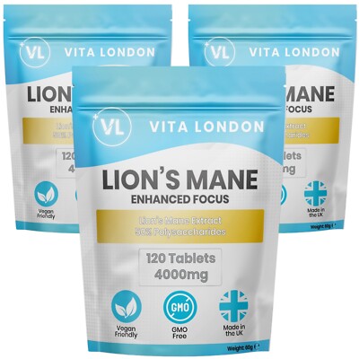 Lion's Mane Pilz 4000 mg 360 Tabletten (keine Kapseln oder Gummis) Fokus Gehirn