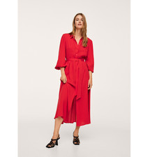 MANGO - Red Pleated Button Down Shirt Midi Dress - Size 4