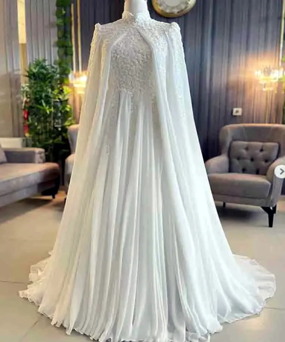 High Neck Long Sleeves Appliques Chiffon Muslim Wedding Dress With Cape Wrap  | eBay