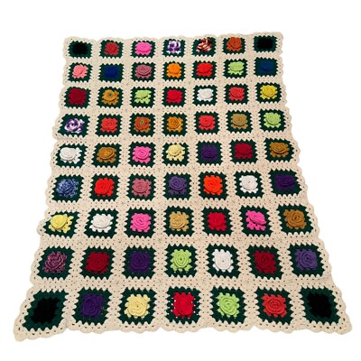 Vtg Handmade Crochet 3D Rose Afghan Multicolor Granny Square Cottage Core 48x60