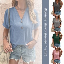 Womens Casual T-shirt V-Neck Top Solid Button Loose Fashion Tops Short Sleeve