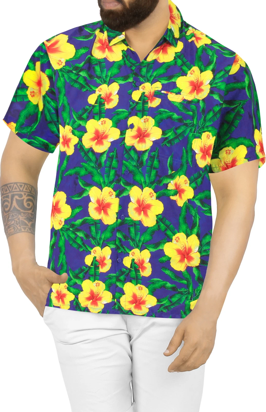 HAPPY BAY Mens Hawaiian Short Sleeve Button Down Shirts L Floral, Blue