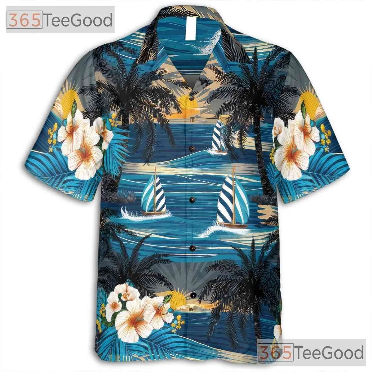 Tropical Ocean Sunset & Palm Tree Hawaiian Shirt, Summer Beach Party Wear Art