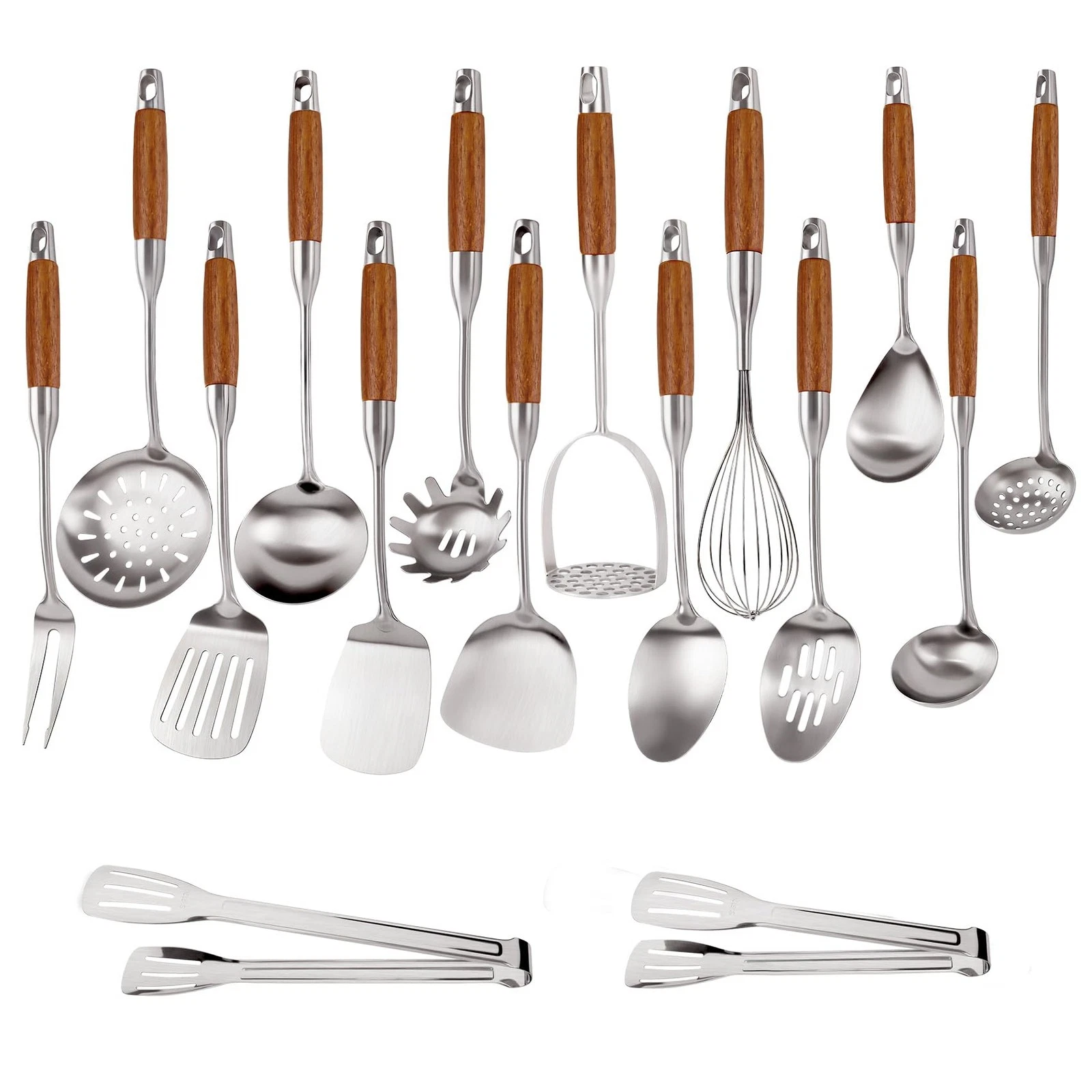 304 Stainless Steel Cooking Utensils Set with Wooden Handle, 16 Pcs Long Heat...