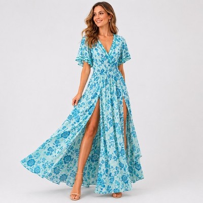 Poupette St Barth Floral Maxi Dress Womens S Blue Slit Front V Neck Short Sleeve