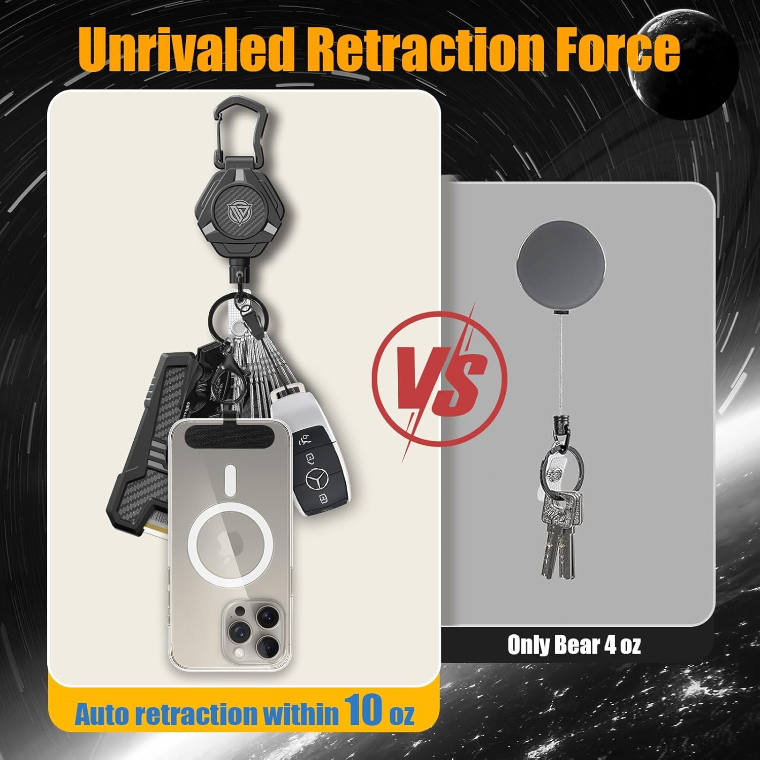 Oaridey Magnetic Retractable Keychain, Heavy Duty Carabiner Badge Black 