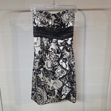 Y2K Black White Satin Floral Rose Strapless Cocktail Dress Back Bow Wedding