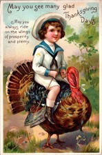Embossed Thanksgiving Sailor Dressed Boy Riding a Turkey Postcard